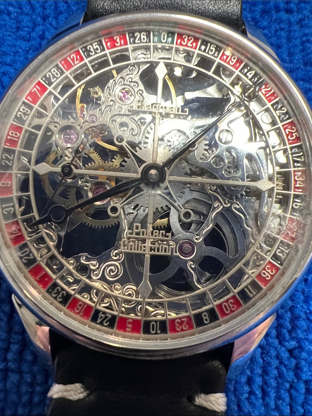 This is a Flagman & Co. Roulette 1.0 mechanical watch witha skeletonized back